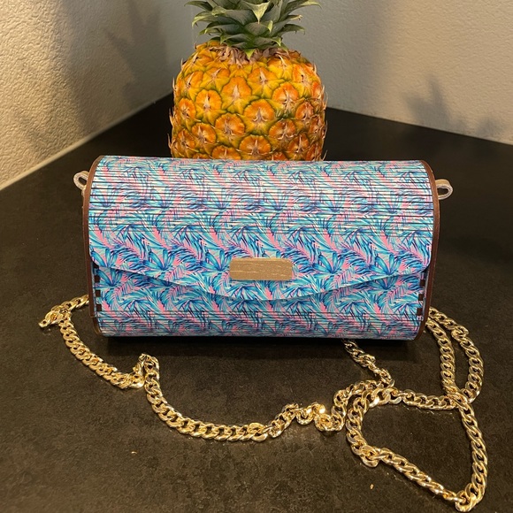 Patterned wood purse with chain strap